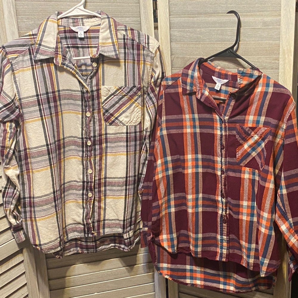 Time and Tru Plaid Button Down Shirts - Cream and Red-Set of 2